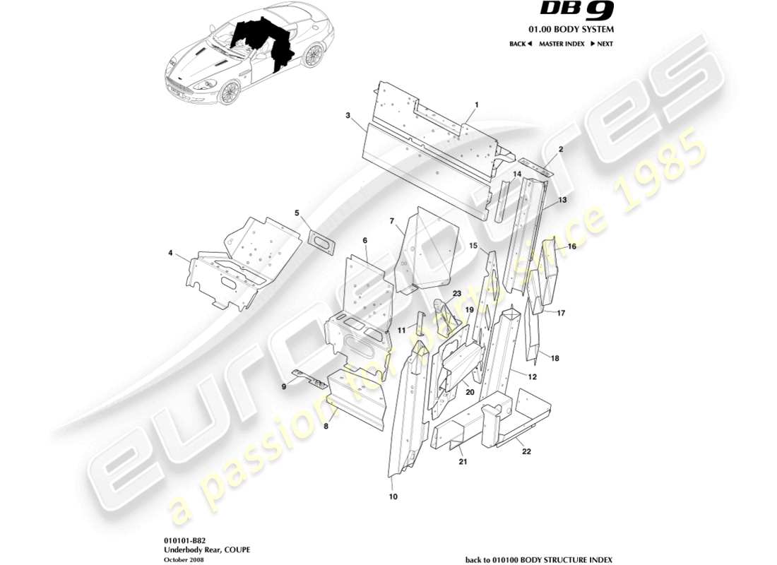 aston martin db9 (2010) diagrama de piezas del cupé, parte trasera de la parte inferior de la carrocería