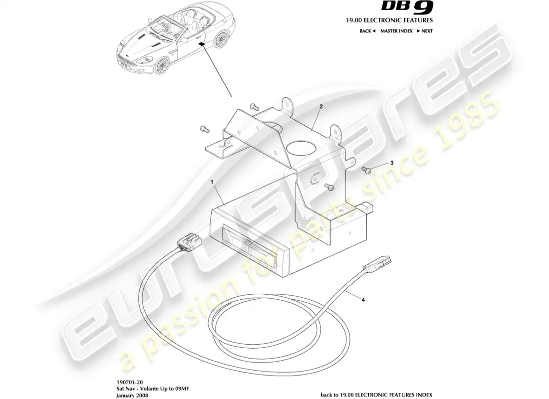 aston martin db9 (2009) navegador por satélite, volante, a 09my diagrama de piezas