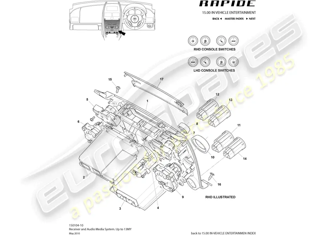 aston martin rapide (2010) sistema multimedia, hasta 13my diagrama de piezas