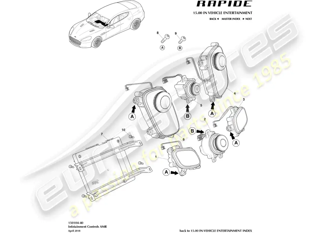 aston martin rapide (2010) controles de infoentretenimiento, amr diagrama de piezas