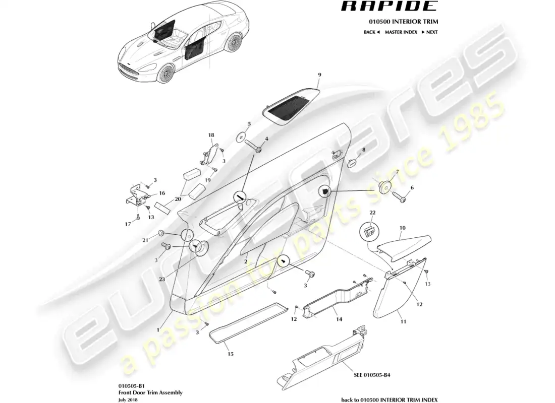 aston martin rapide (2010) panel de ajuste de la puerta delantera diagrama de piezas