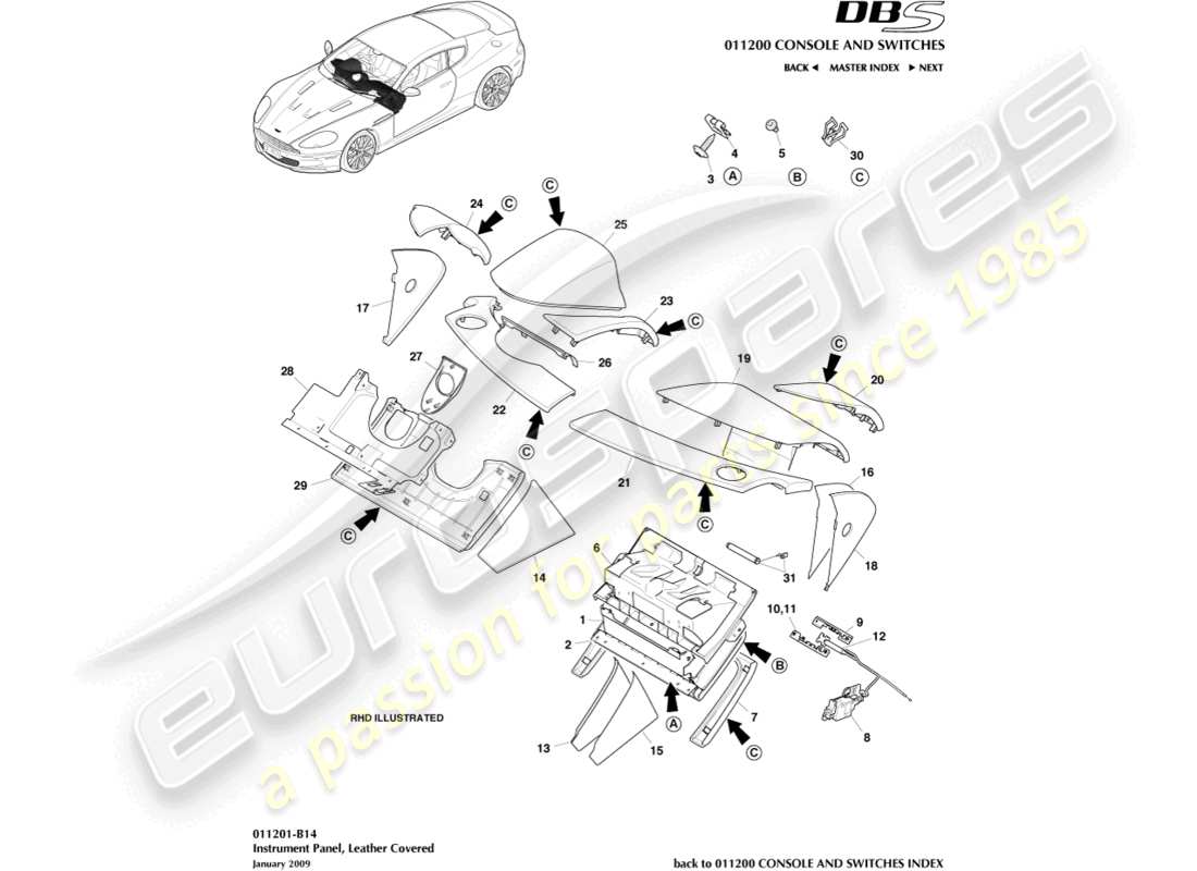 aston martin dbs (2011) panel de instrumentos, cuero, b&o diagrama de piezas