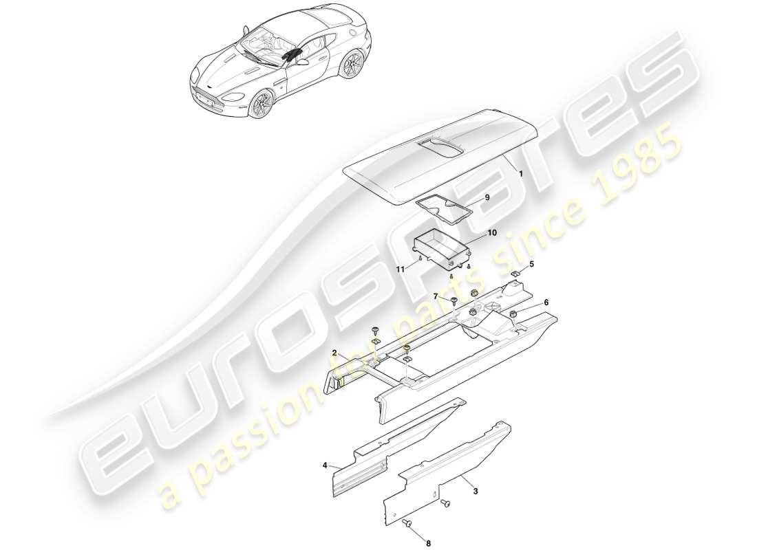 aston martin v8 vantage (2007) diagrama de piezas de consola central sin reposabrazos
