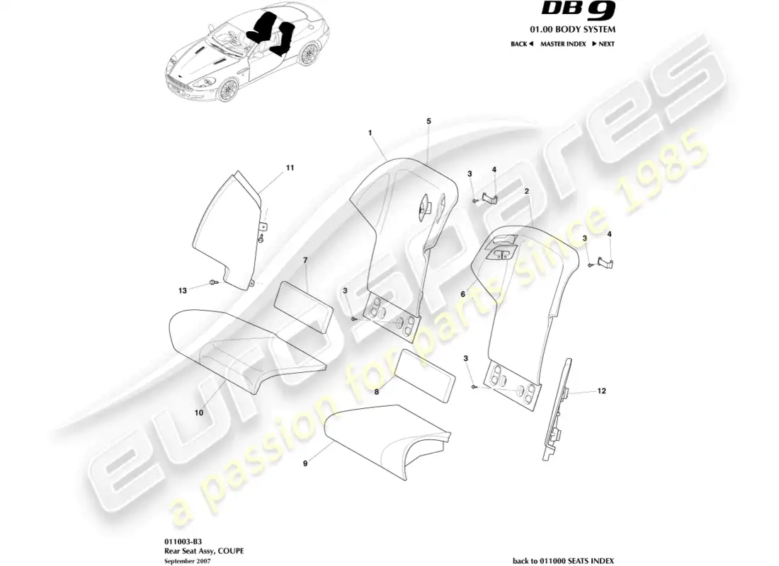 aston martin db9 (2012) asiento trasero, cupé diagrama de piezas