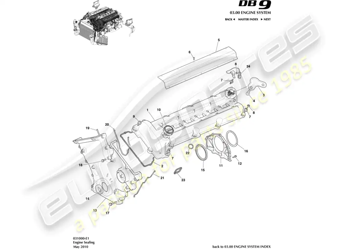 aston martin db9 (2012) sellado del motor diagrama de piezas