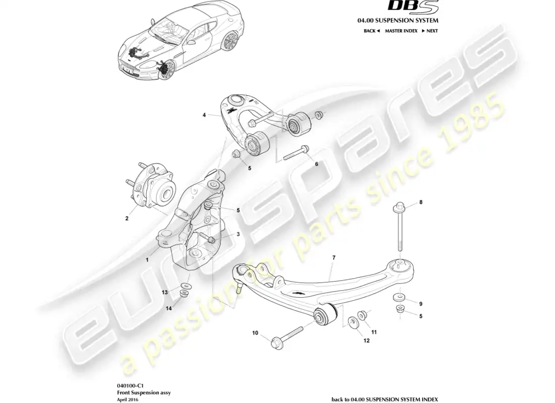 aston martin dbs (2011) conjunto de suspensión delantera diagrama de piezas