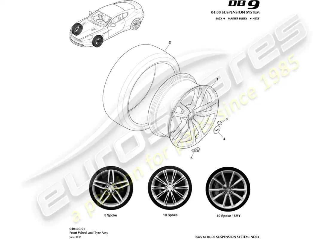 aston martin db9 (2013) ruedas y neumáticos delanteros diagrama de piezas