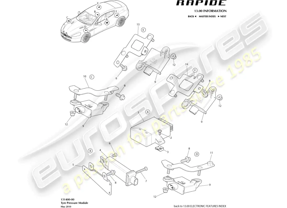 aston martin rapide (2010) módulo de presión de neumáticos diagrama de piezas