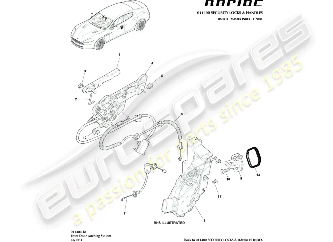 aston martin rapide (2010) pestillo de la puerta delantera diagrama de piezas
