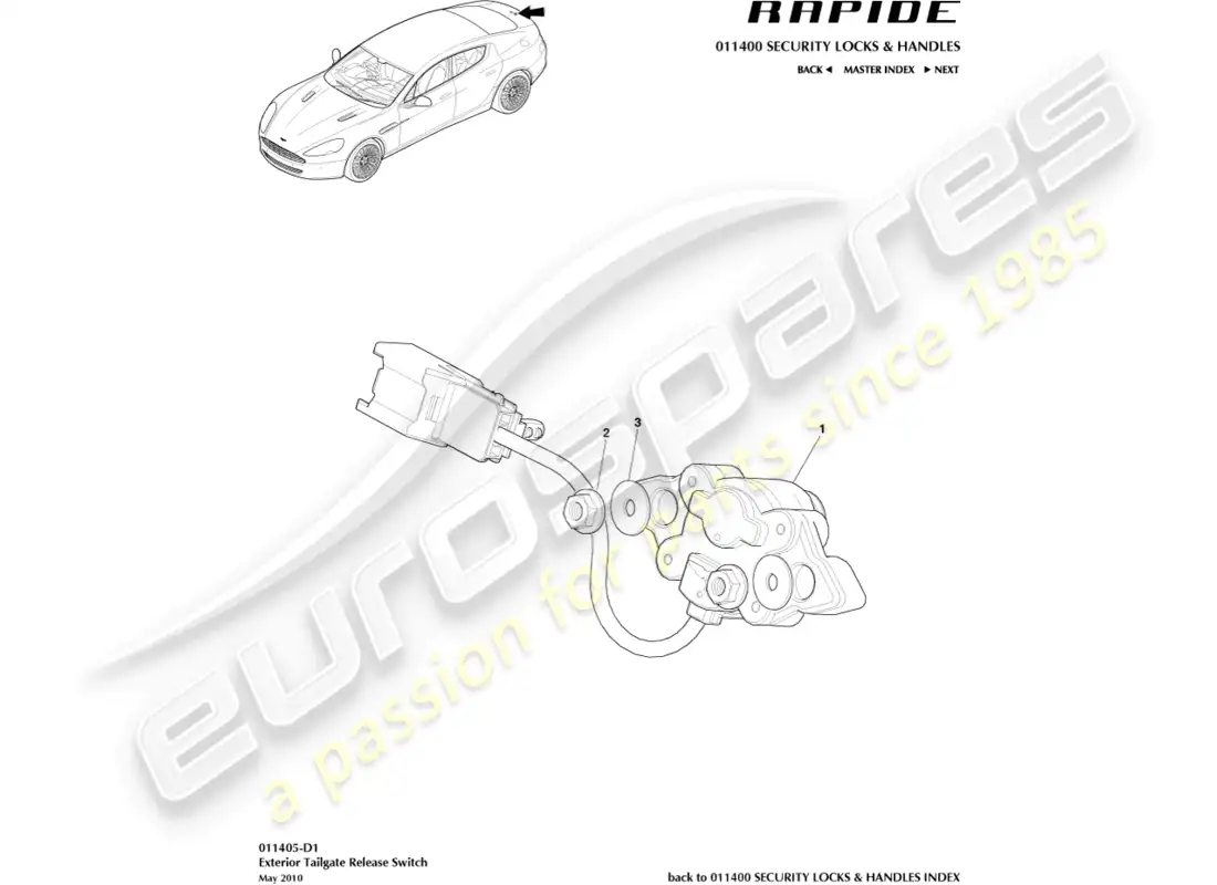 aston martin rapide (2011) diagrama de piezas de apertura del portón trasero