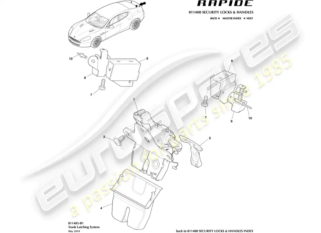 aston martin rapide (2011) sistema de cierre del maletero diagrama de piezas