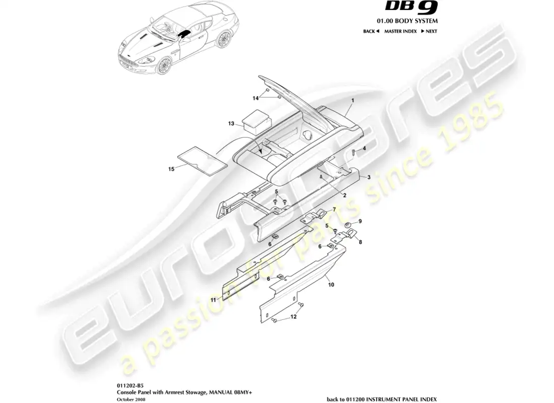 aston martin db9 (2007) consola central, manual, 08my diagrama de piezas