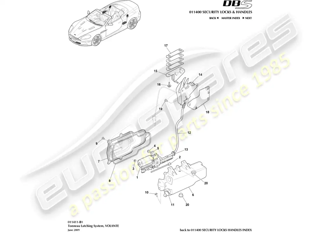 aston martin dbs (2011) sistema de cierre de lona diagrama de piezas