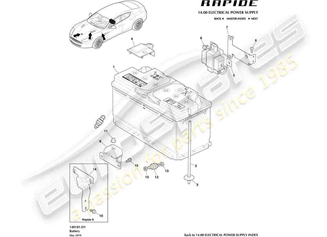 aston martin rapide (2010) diagrama de piezas de la batería