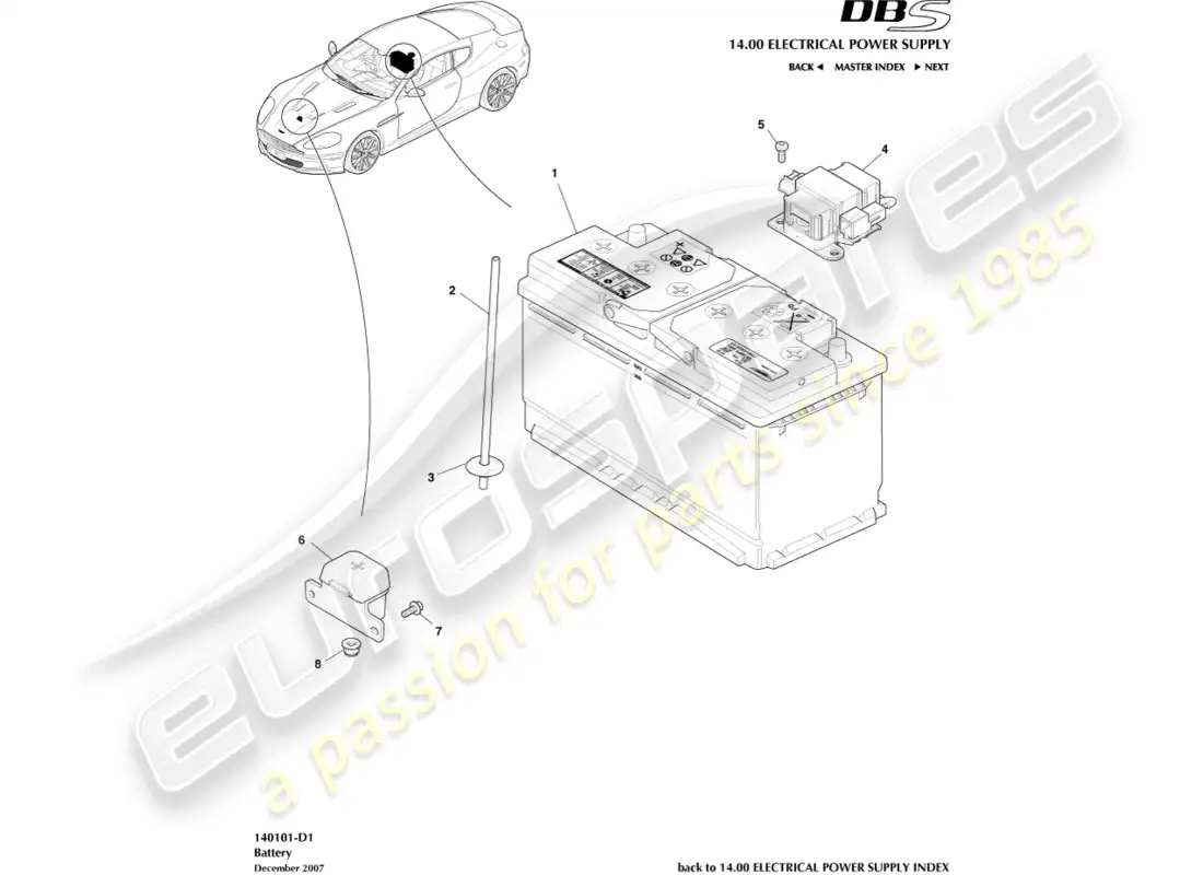 aston martin dbs (2012) batería diagrama de piezas