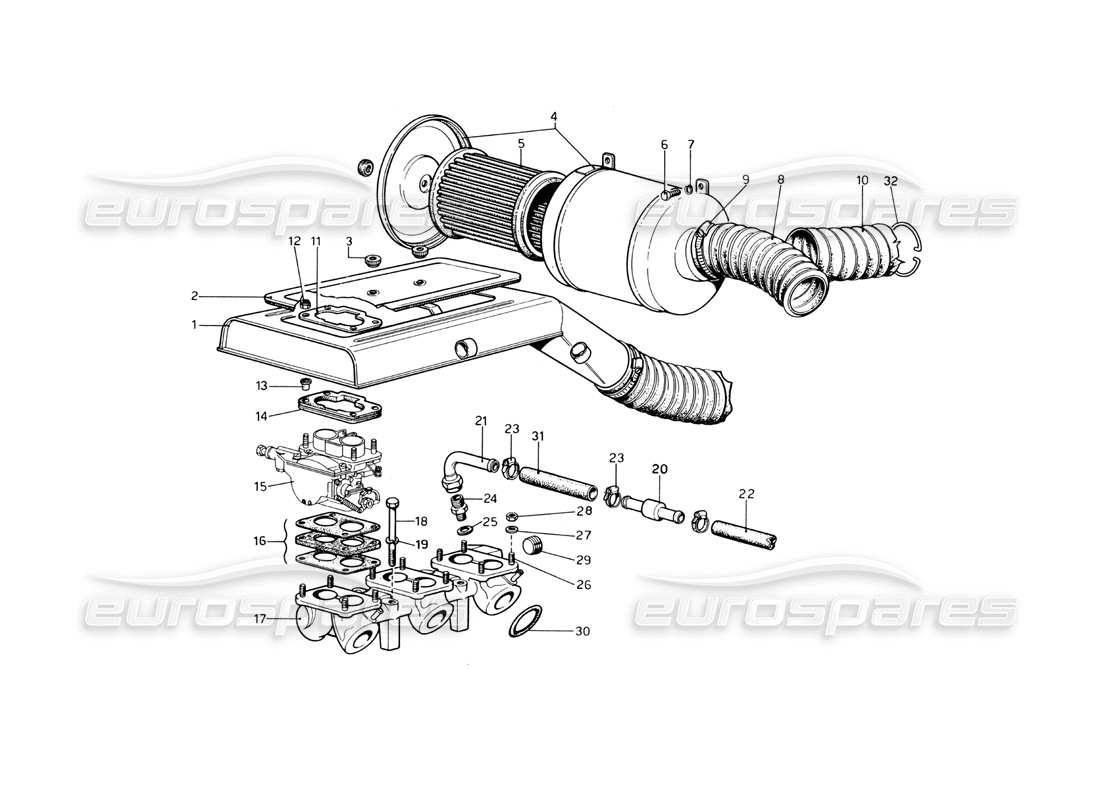 ferrari 246 dino (1975) diagrama de piezas del filtro de aire y colectores