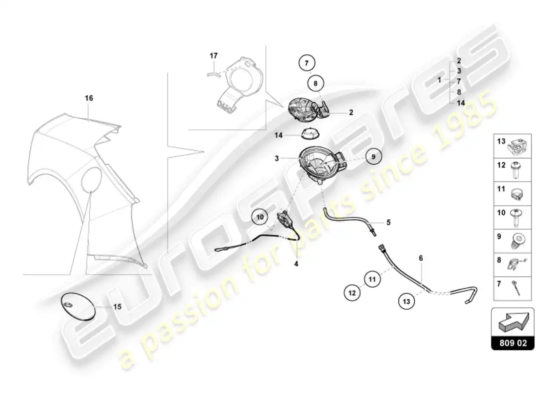 lamborghini evo spyder (2024) tapa de llenado de combustible diagrama de piezas