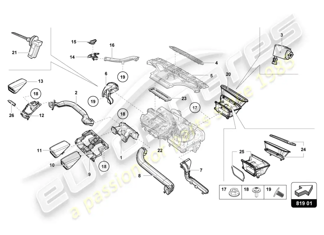 lamborghini evo spyder (2023) salida de aire diagrama de piezas