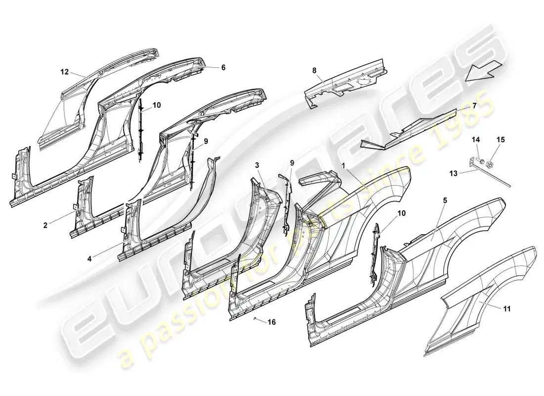 lamborghini gallardo spyder (2008) diagrama de piezas del marco de la puerta