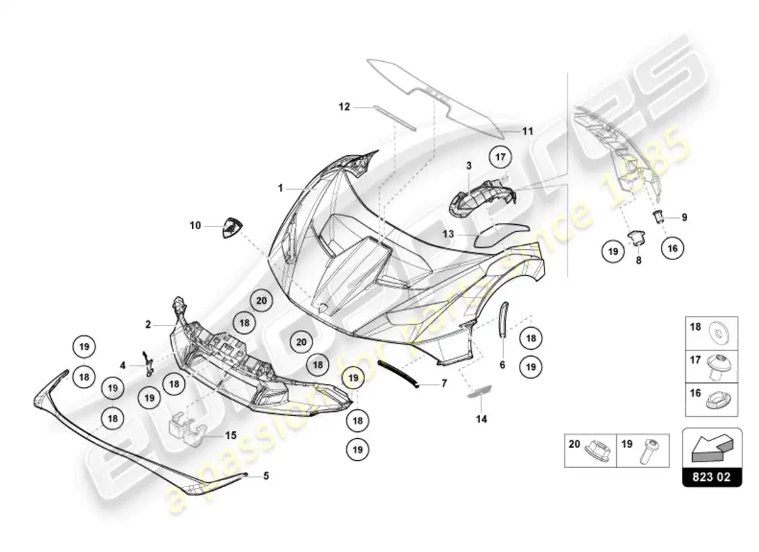 lamborghini sto (2023) capó delantero diagrama de piezas