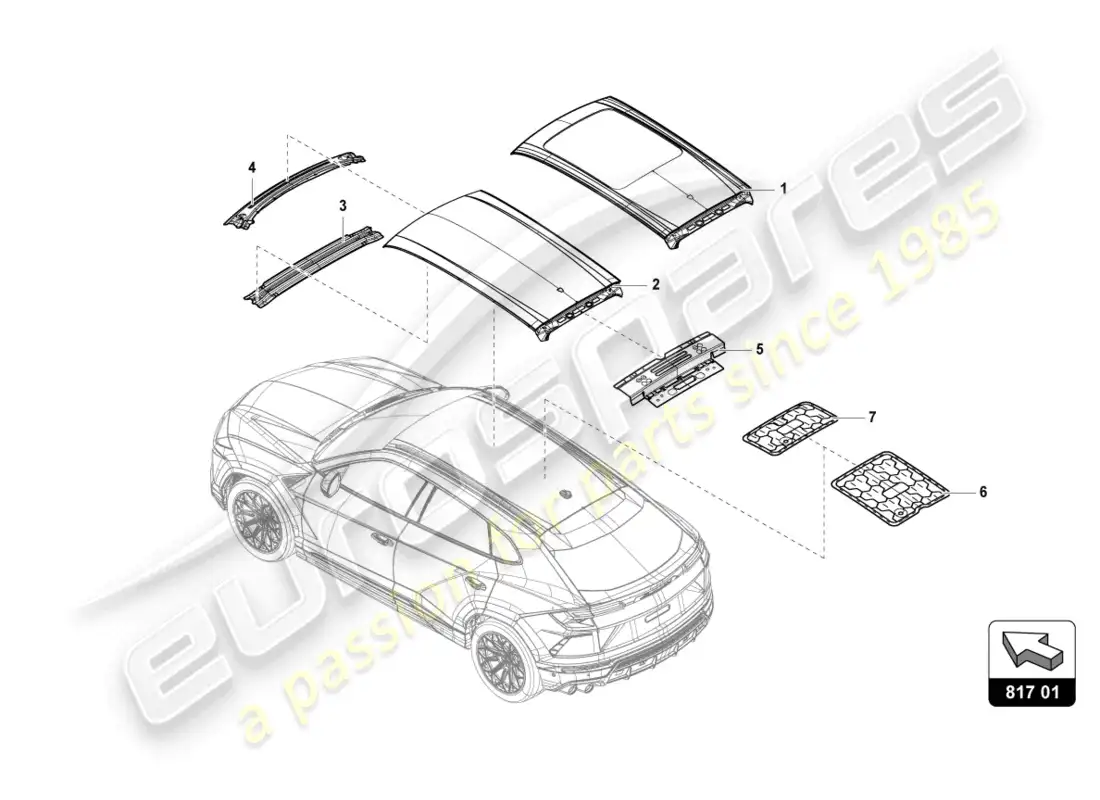 lamborghini urus performante (2023) marco del techo diagrama de piezas
