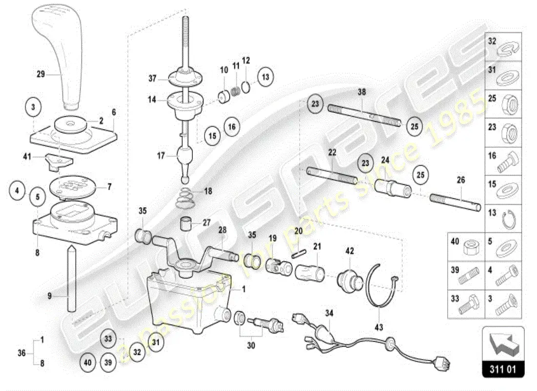lamborghini diablo vt (1996) diagrama de piezas de la torreta de control de la caja de cambios