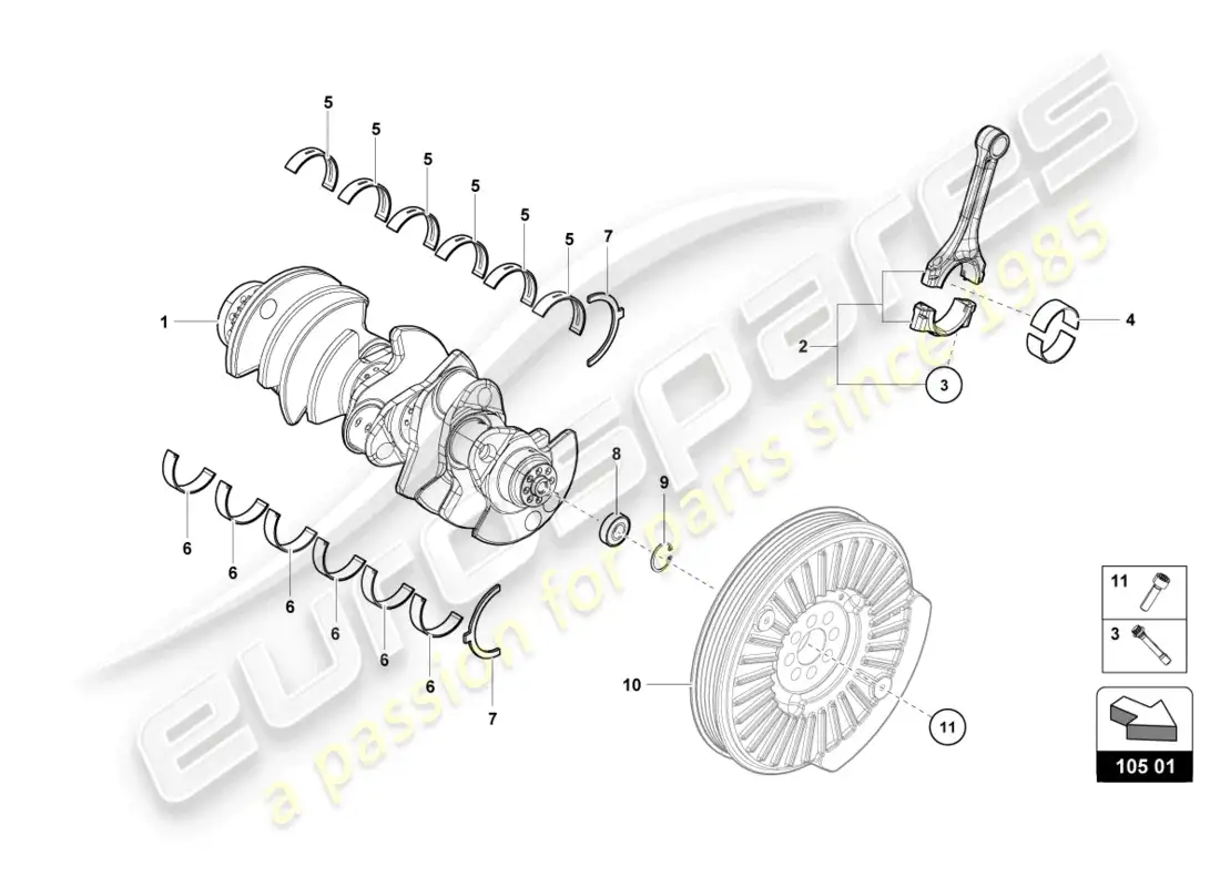 lamborghini tecnica (2024) cigüeñal con cojinetes diagrama de piezas