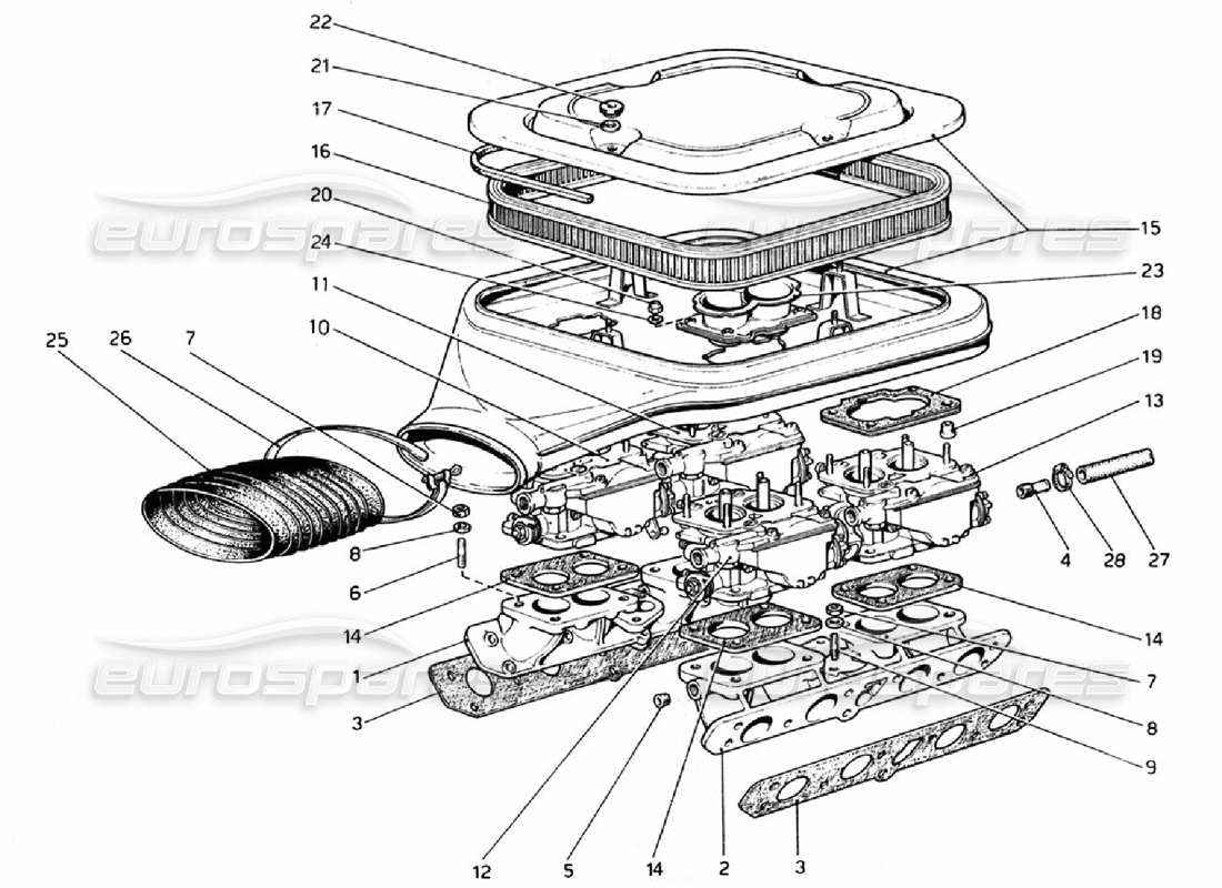 ferrari 308 gtb (1976) diagrama de piezas de carburadores y limpiadores de aire