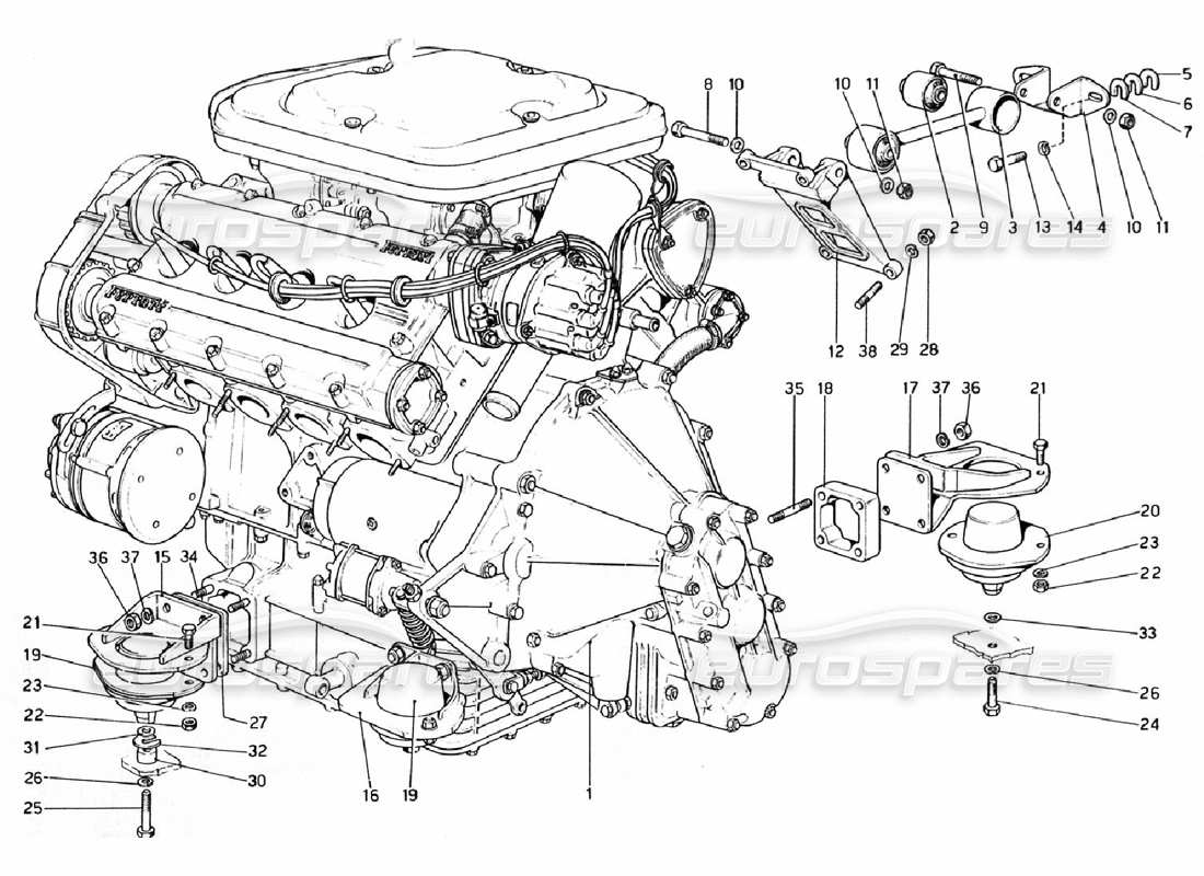 ferrari 308 gtb (1976) motor - diagrama de piezas de caja de cambios y soportes