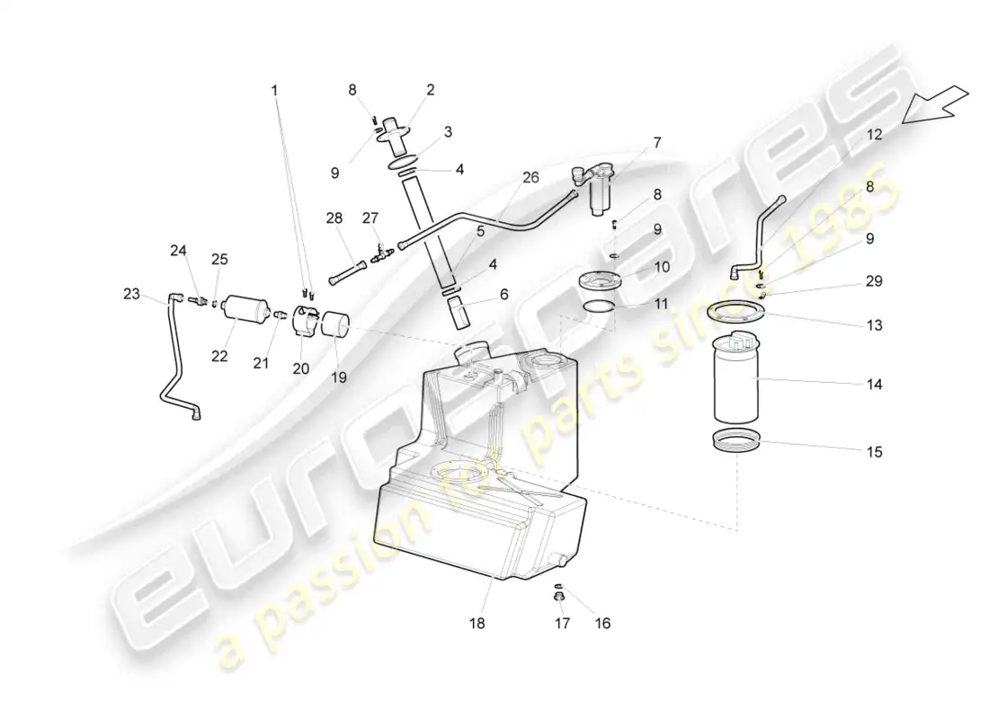 lamborghini superleggera (2008) depósito de combustible con accesorios derecho diagrama de piezas