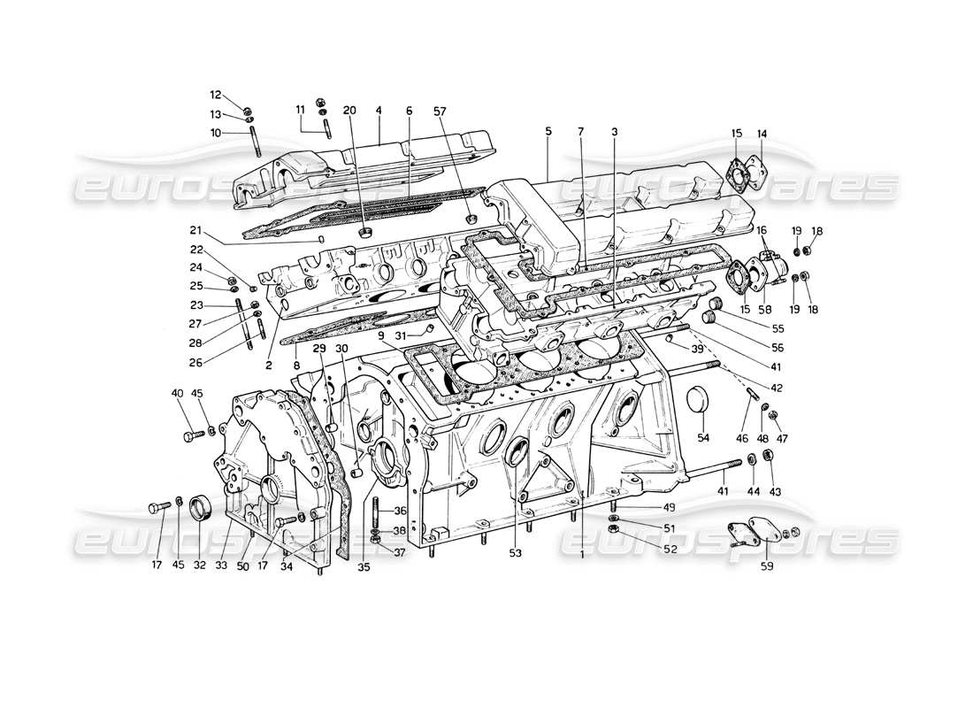 ferrari 246 dino (1975) diagrama de piezas del cárter y las culatas