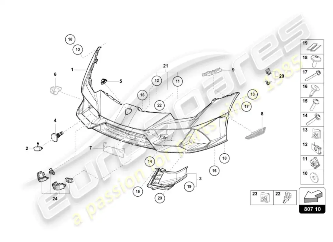 lamborghini evo coupe (2022) parachoques delantero diagrama de piezas