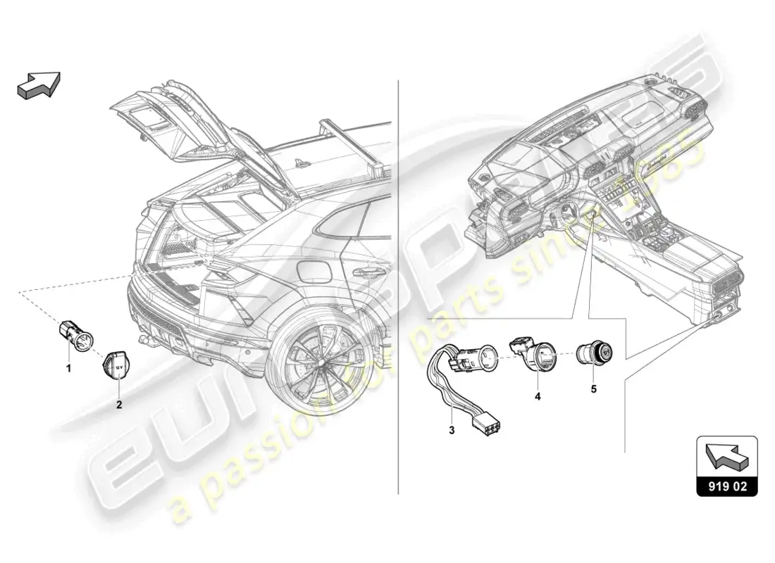 lamborghini urus (2021) tapa con encendedor y enchufe diagrama de piezas