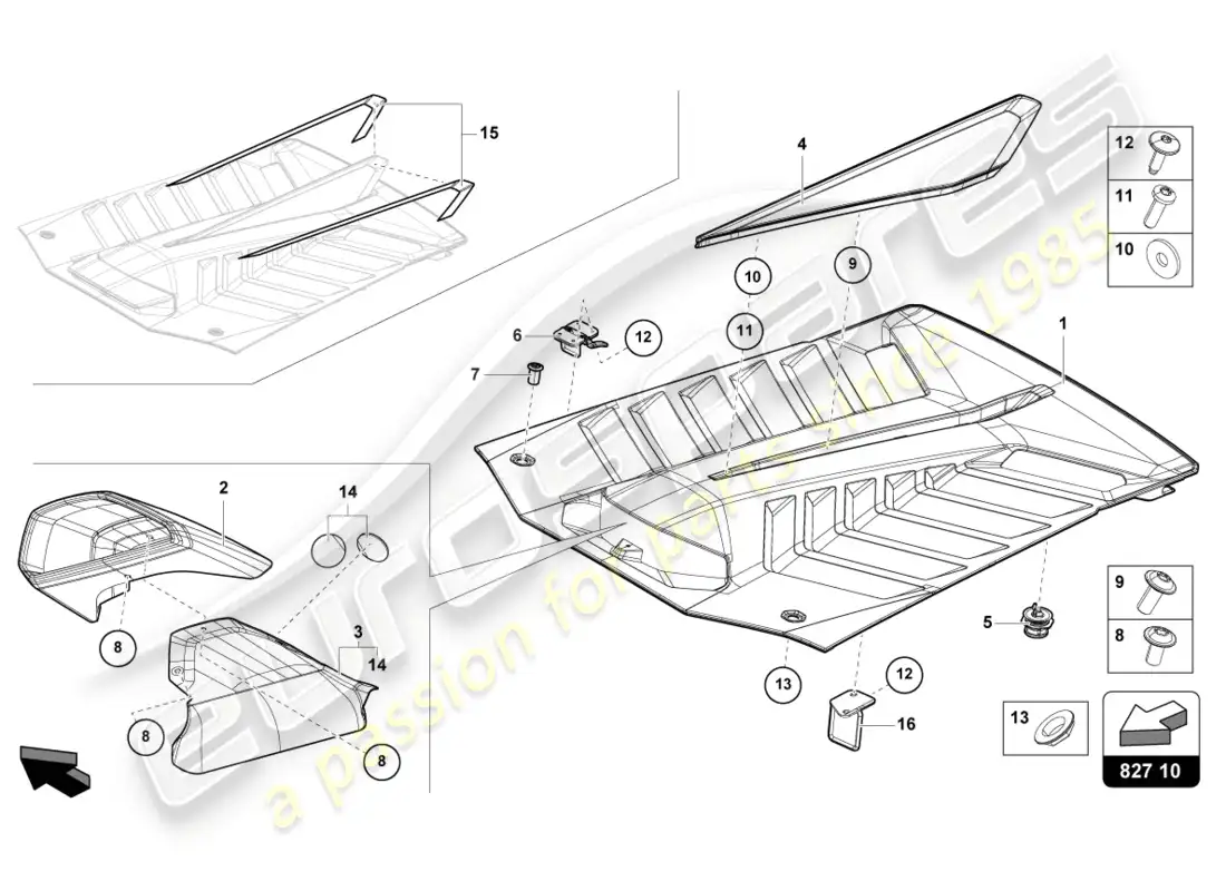 lamborghini sto (2022) capó trasero diagrama de piezas