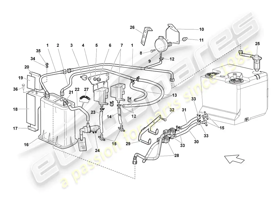 lamborghini reventon roadster contenedor de carbón activado diagrama de piezas