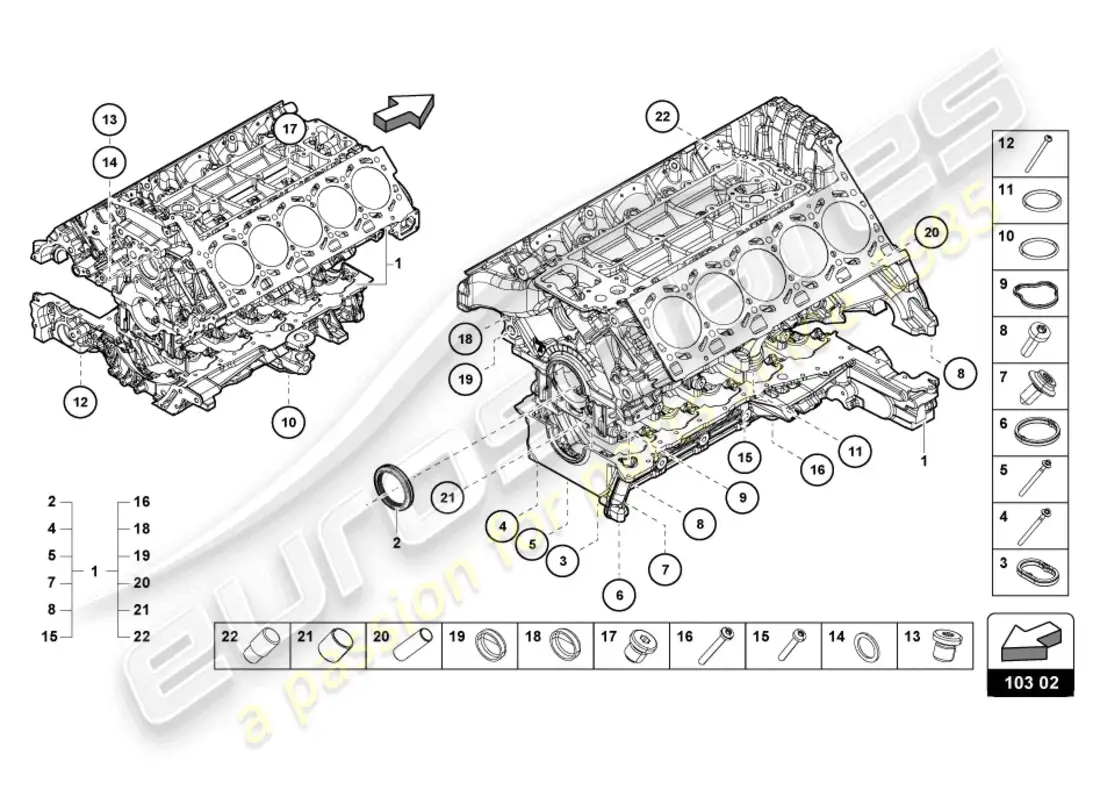 lamborghini tecnica (2023) bloque de motor diagrama de piezas