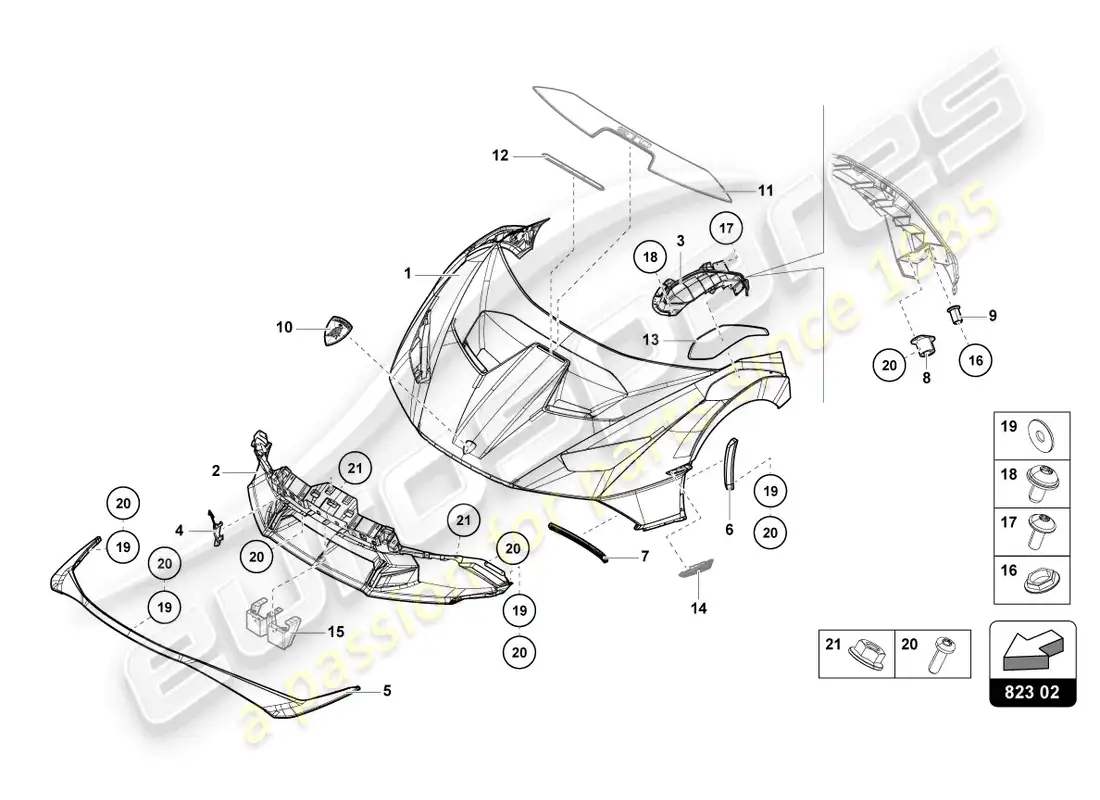 lamborghini sto (2022) capó delantero diagrama de piezas