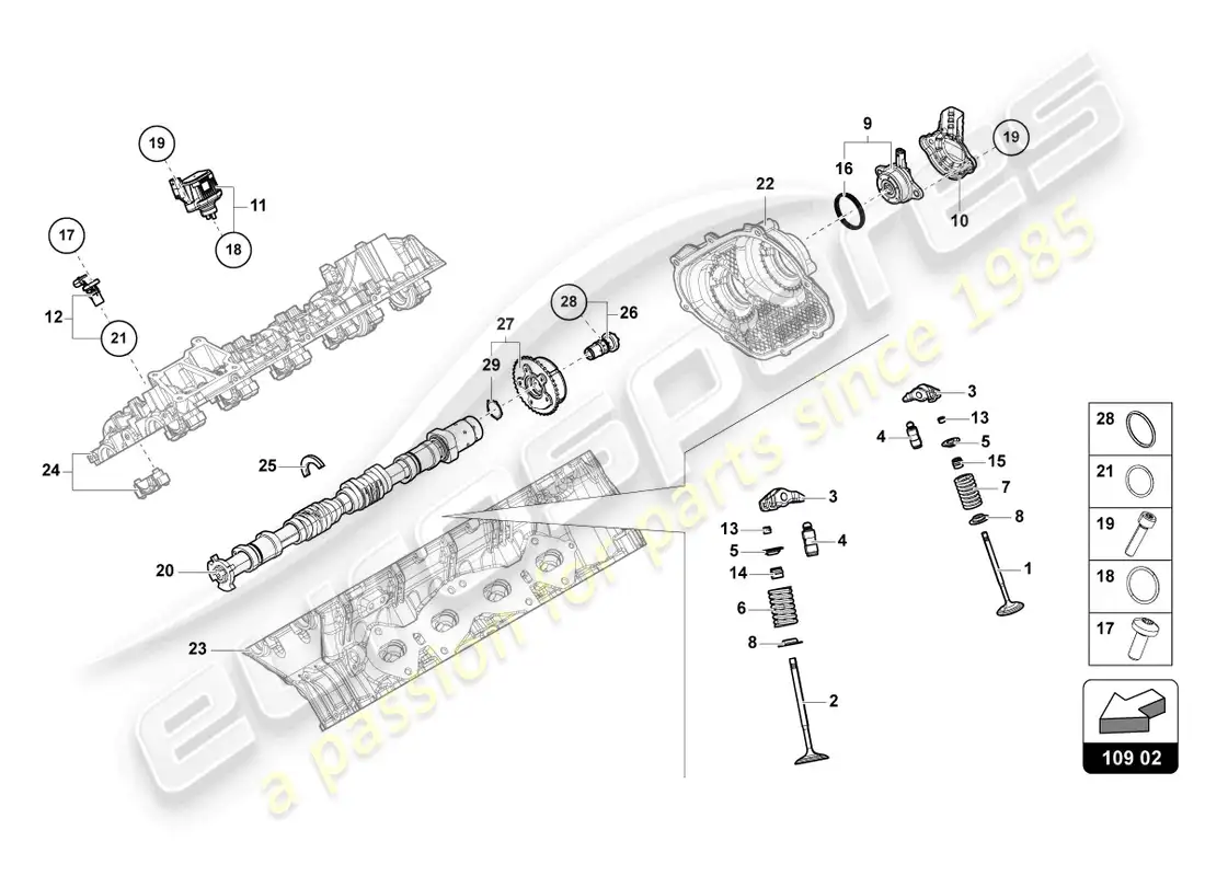 lamborghini urus performante (2023) árbol de levas, válvulas diagrama de piezas