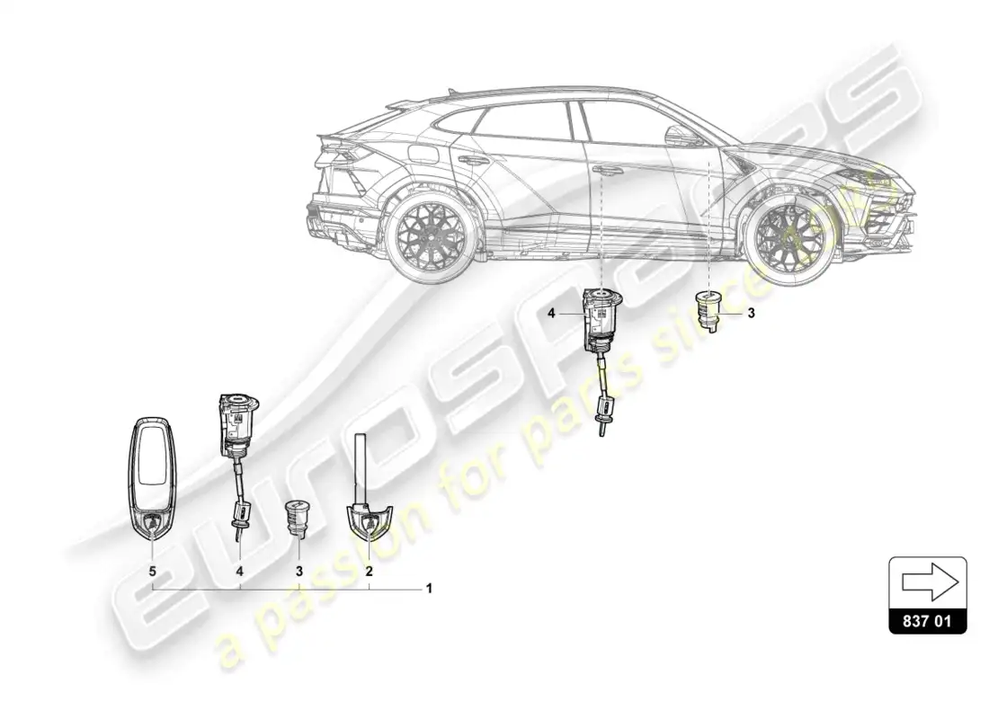 lamborghini urus (2021) llave principal con transponder (paleta plegable) diagrama de piezas