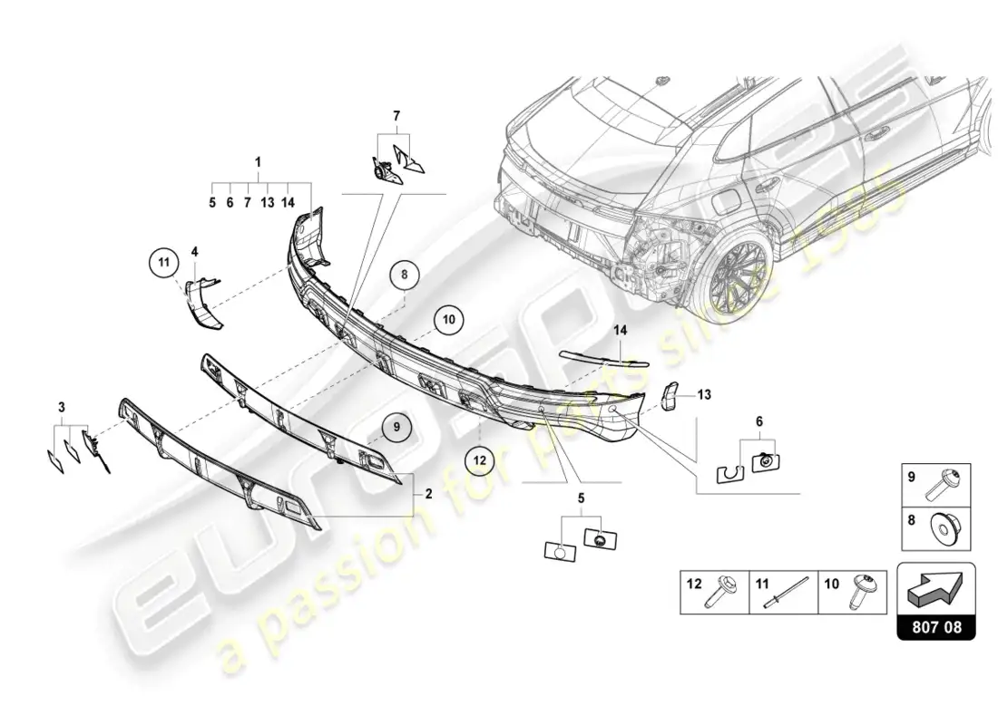 lamborghini urus s (2023) parachoques trasero completo carbono diagrama de piezas