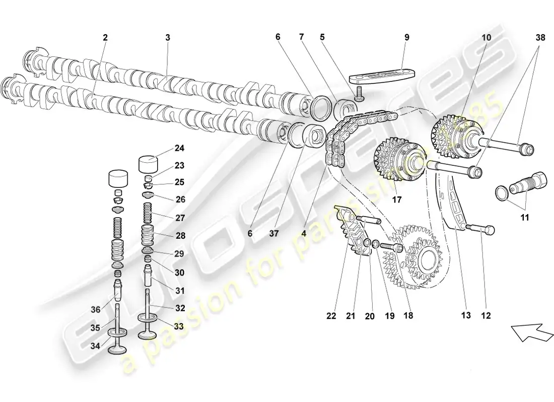 lamborghini reventon árbol de levas, válvulas izquierda diagrama de piezas