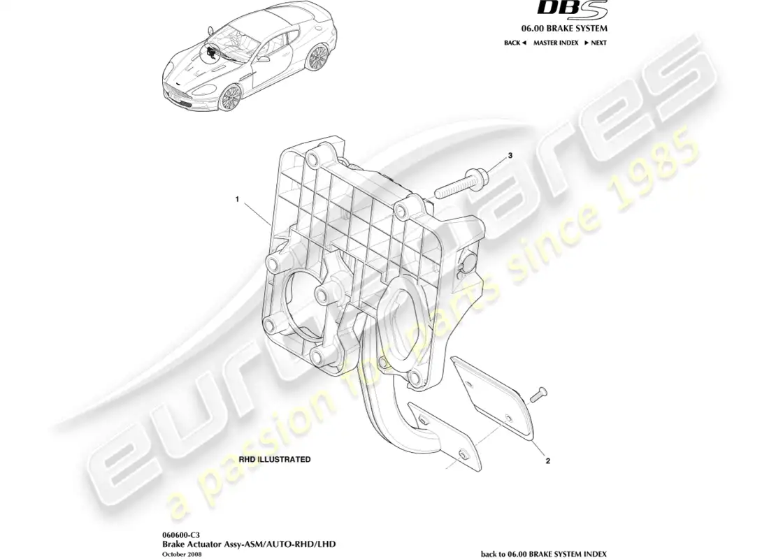 aston martin dbs (2007) conjunto de actuador de freno, manual diagrama de piezas