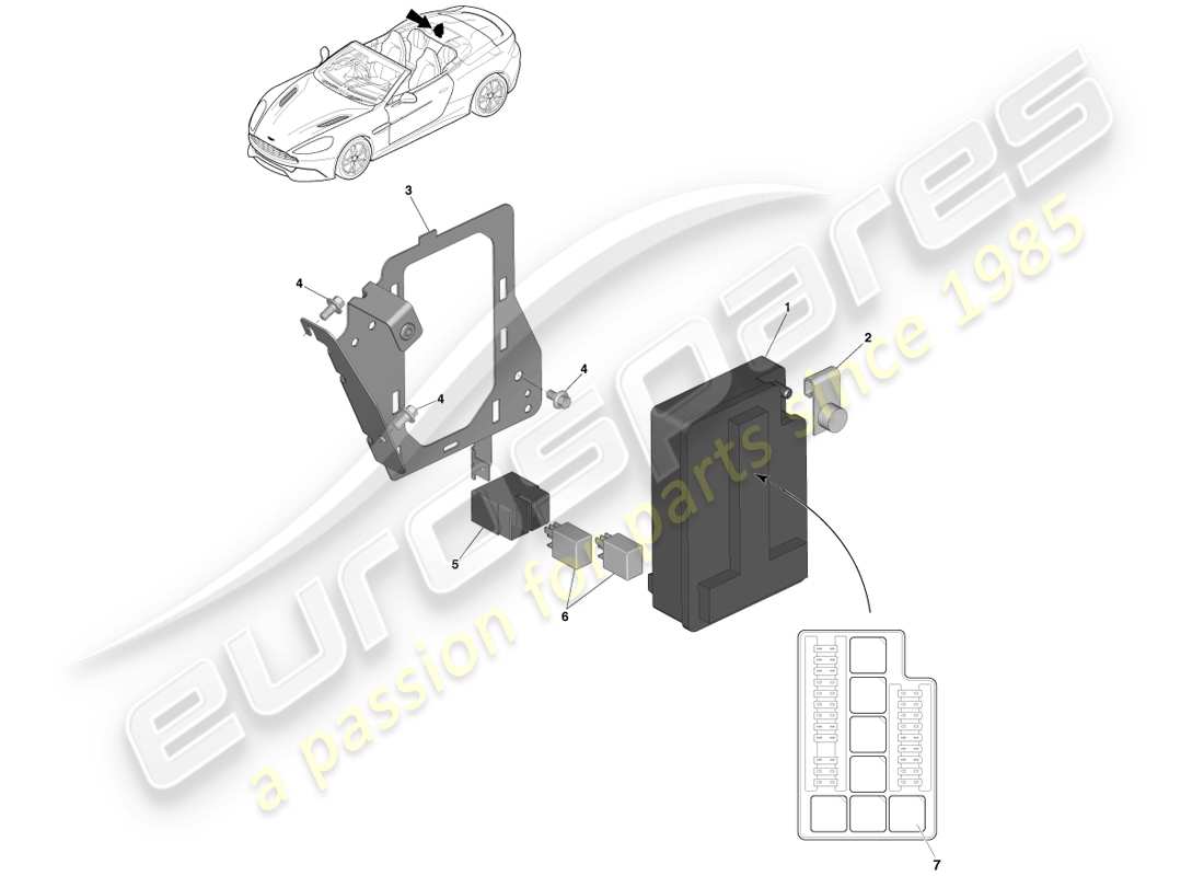 aston martin vanquish (2013) diagrama de piezas de la caja de fusibles del compartimento de carga