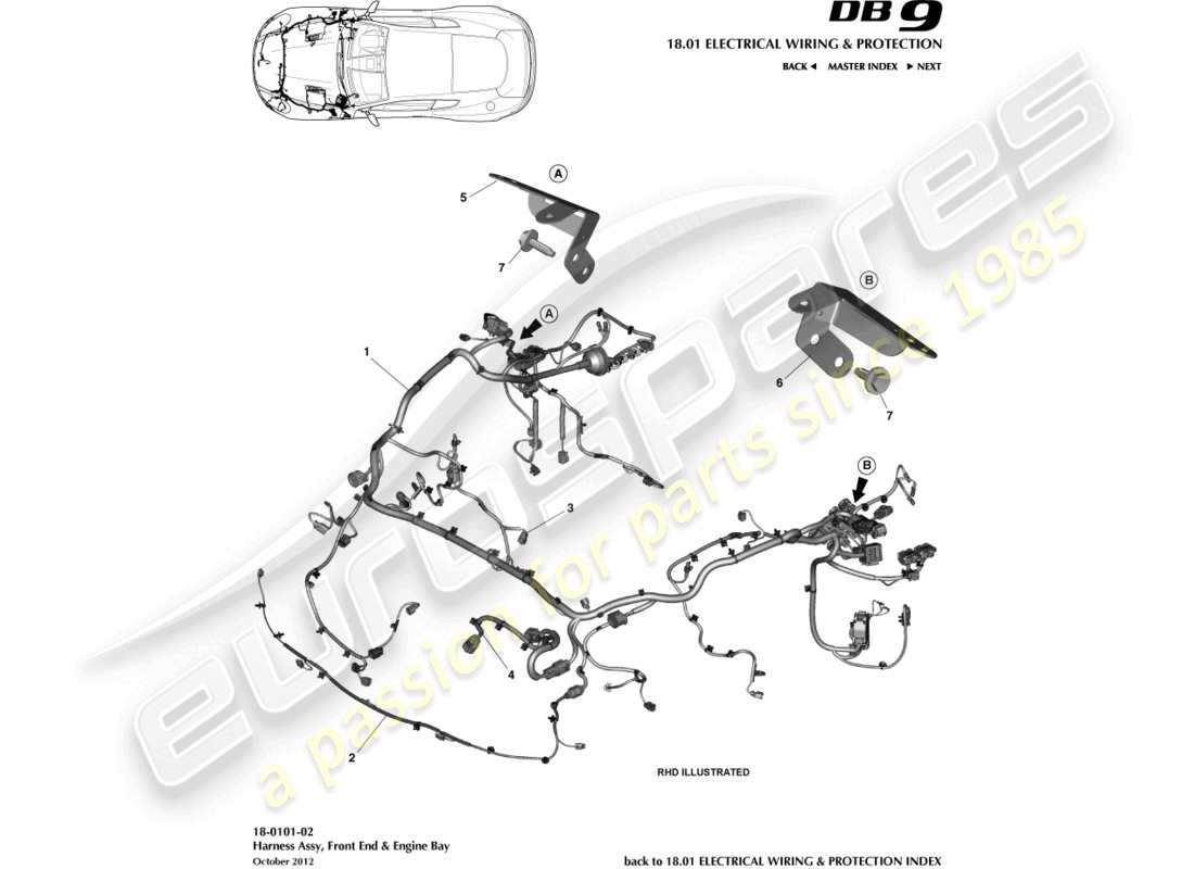aston martin db9 (2015) diagrama de piezas del arnés del compartimento delantero y del motor