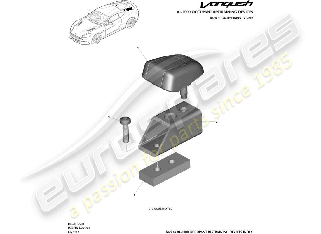 aston martin vanquish (2017) diagrama de piezas de los soportes de sujeción isofix