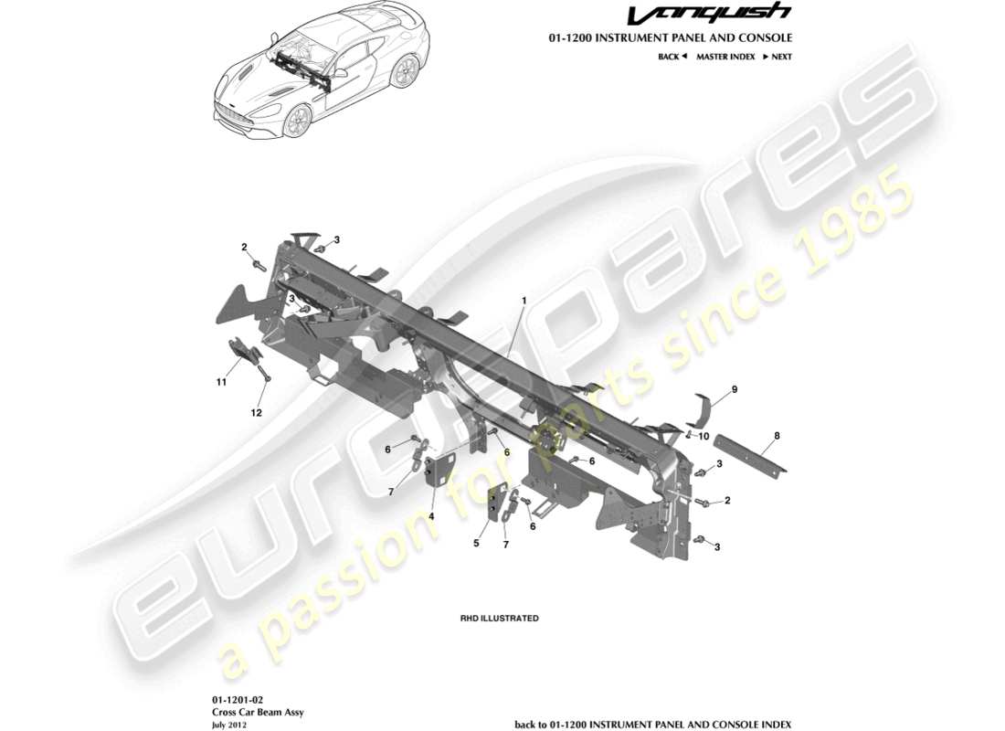 aston martin vanquish (2018) viga transversal ip diagrama de piezas