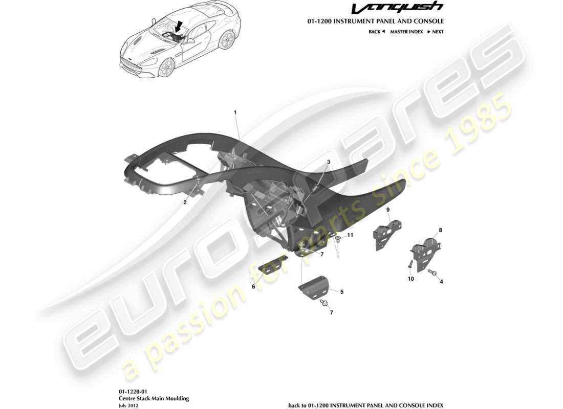 aston martin vanquish (2018) moldura central diagrama de piezas