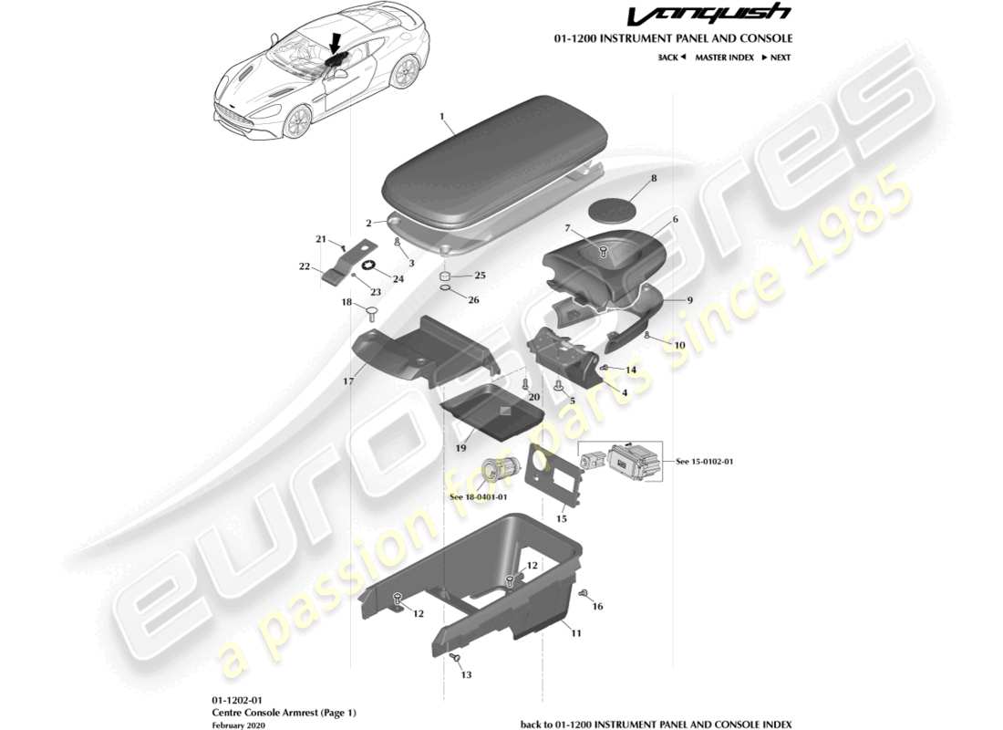 aston martin vanquish (2018) apoyabrazos de la consola central, página 1 diagrama de piezas
