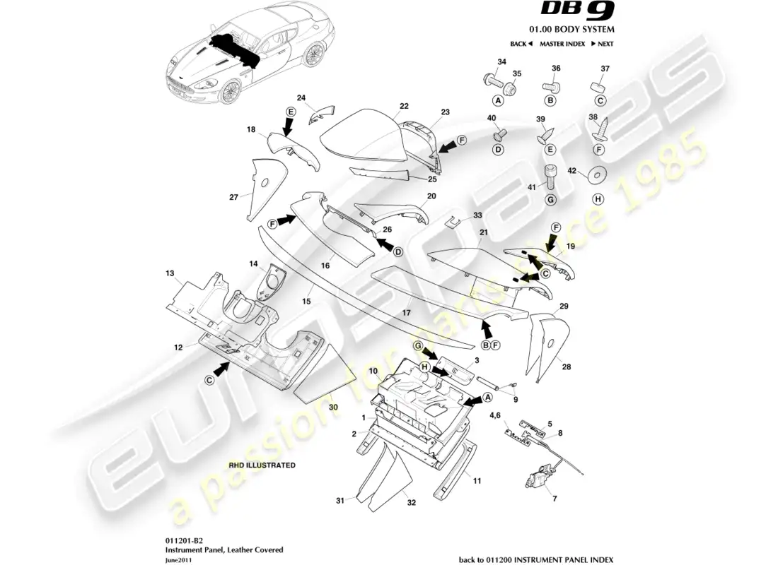 aston martin db9 (2008) panel de instrumentos, cuero diagrama de piezas