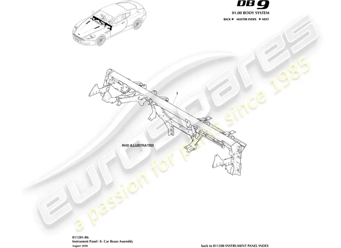 aston martin db9 (2004) viga transversal ip diagrama de piezas